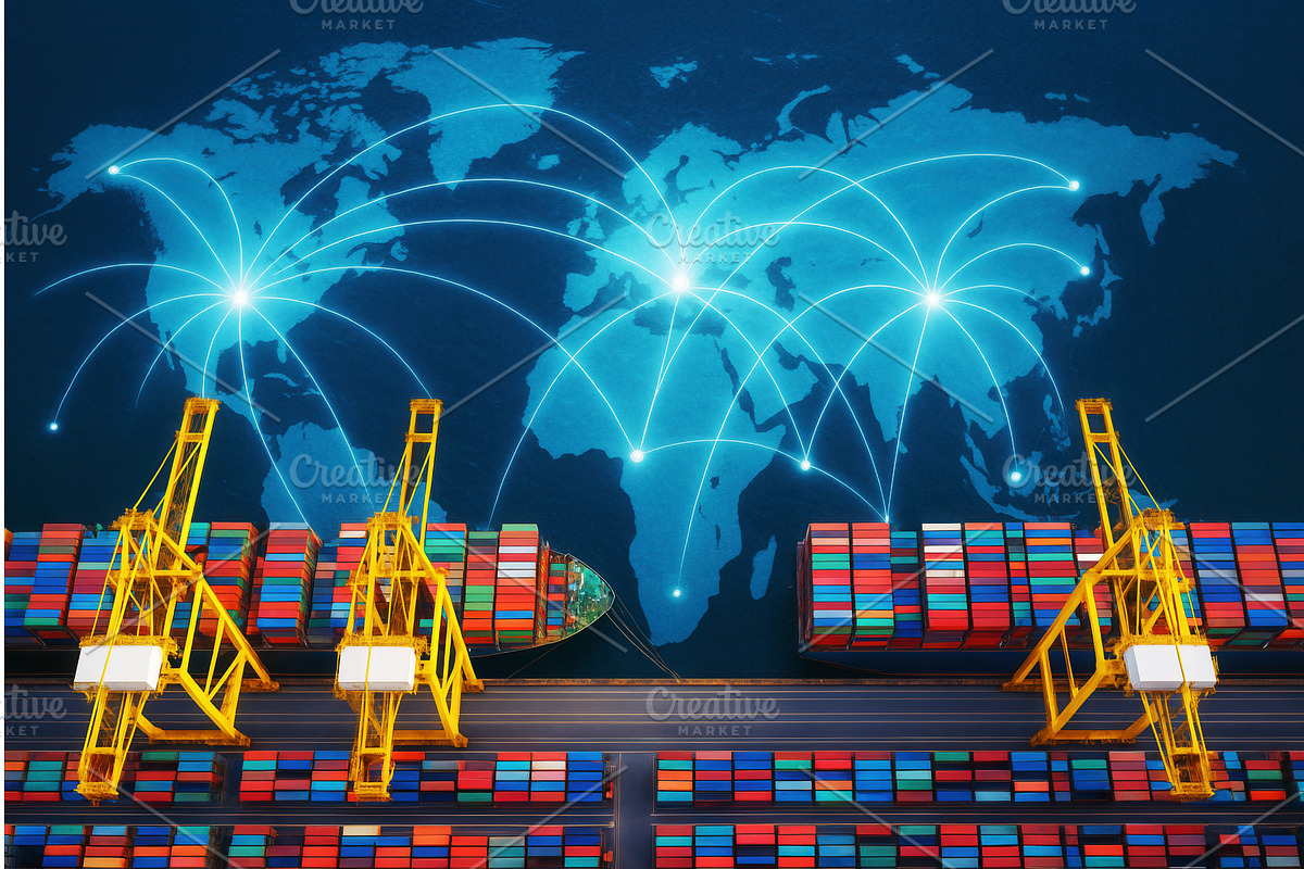 Aerial view of a shipping port with, a Transportation Illustration by Sergey Kotenev