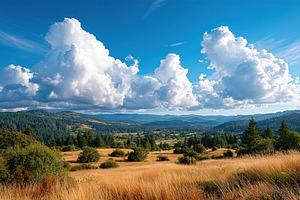 Dramatic clouds gathering above a distant forest edge at midday, a Photo by AlyaAnd