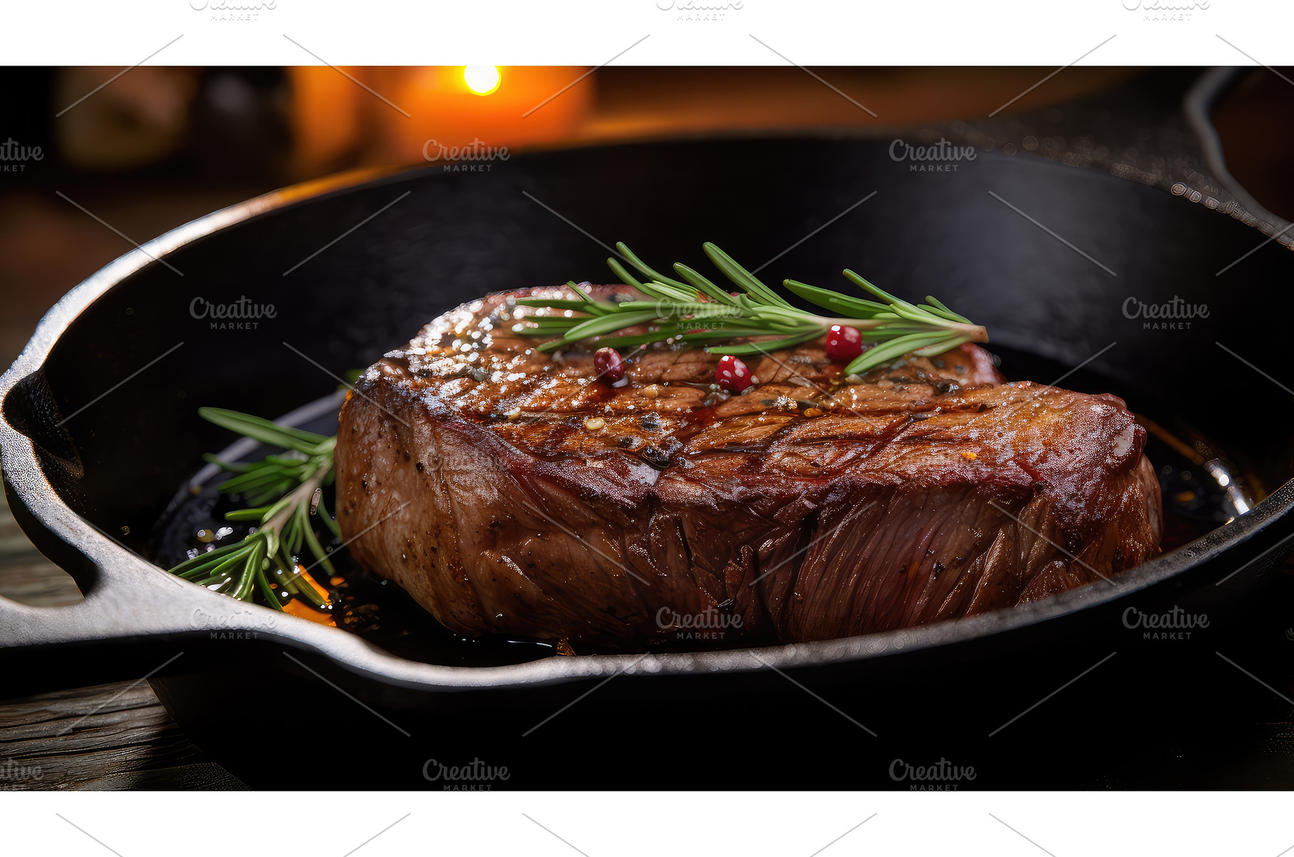 cookg steak in cast iron ai, an Industrial Photo by pikepicture