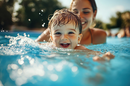 Mother, child having fun in the pool, a Photo by Pavel_design