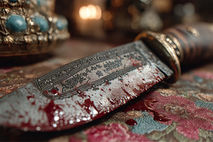 Ornate bloodied knife close up on fabric suggesting murder weapon and crime sce, a Photo by AS photostudio