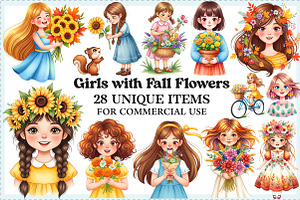 Girls with Fall Flowers Clipart, an Illustration by Craft Nest