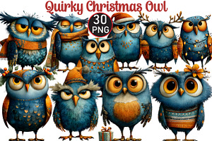 Quirky Christmas Owl Clipart, an Illustration by Black Bird Studio