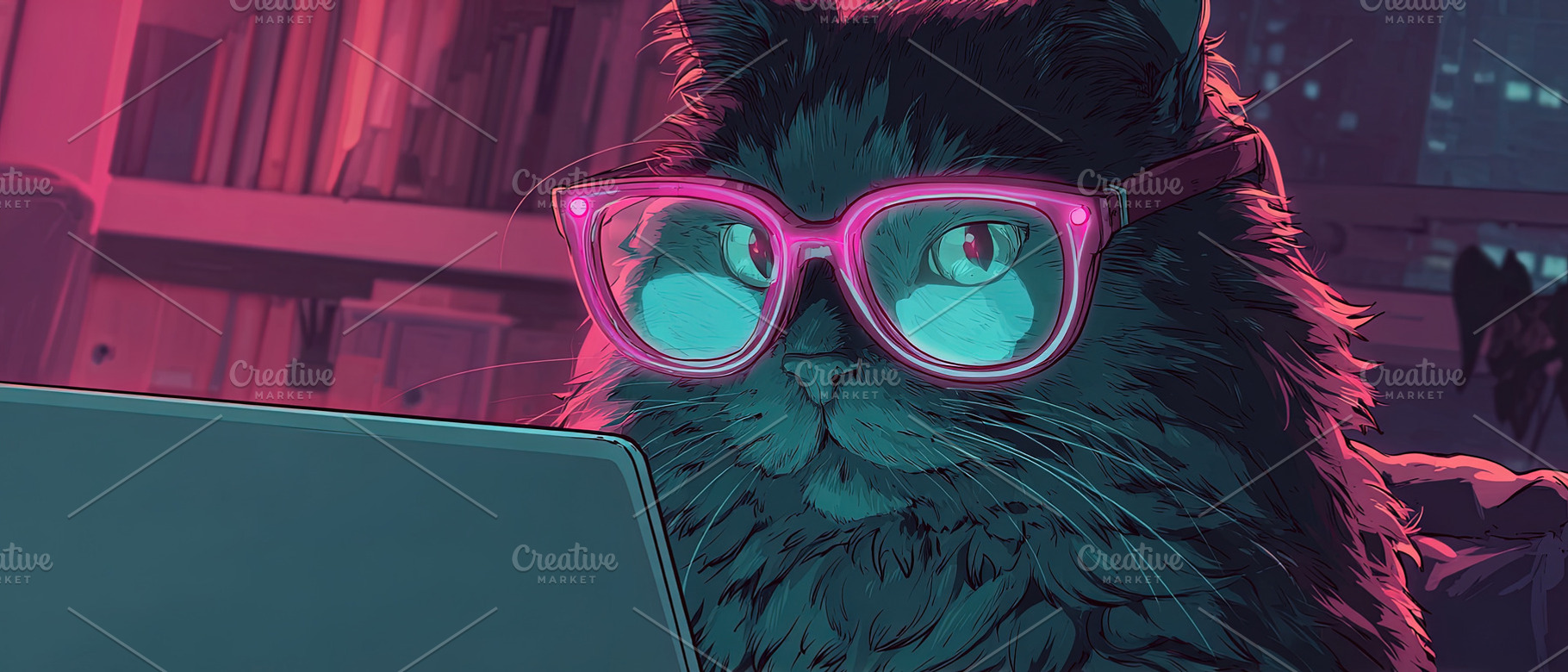 Stylish cat wearing pink glasses sits at a laptop in a modern, c, an Abstract Photo by Ales Munt
