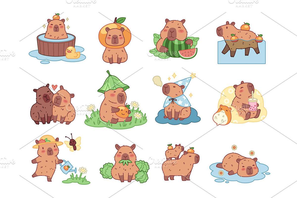Funny capybaras. Happy exotic comic, an Animal Illustration by YummyBuum