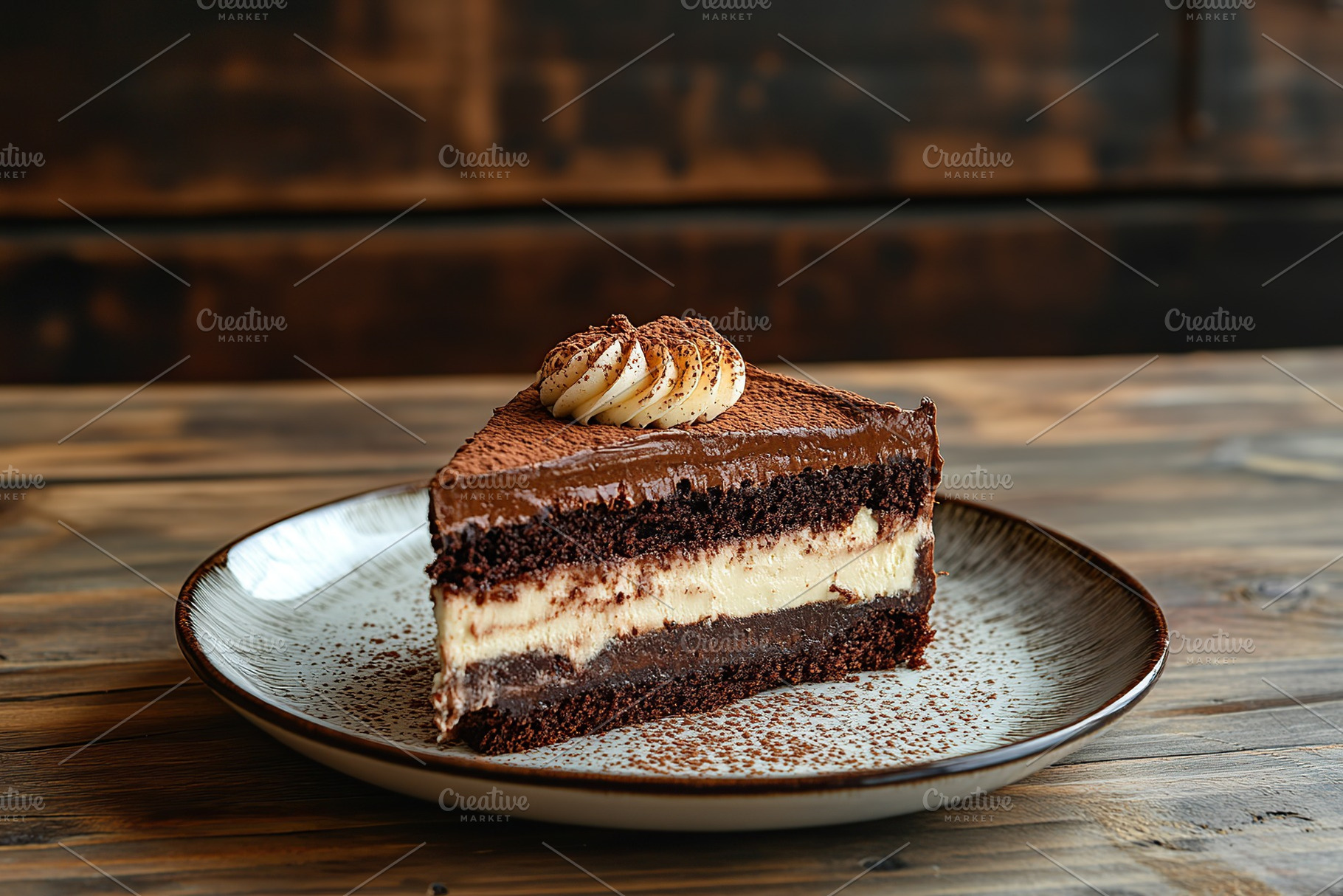 Delicious piece of cake with frosting cream, a Food & Drink Photo by AlyaAnd