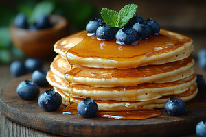 Stack of fluffy pancakes topped with, a Photo by Tanuart