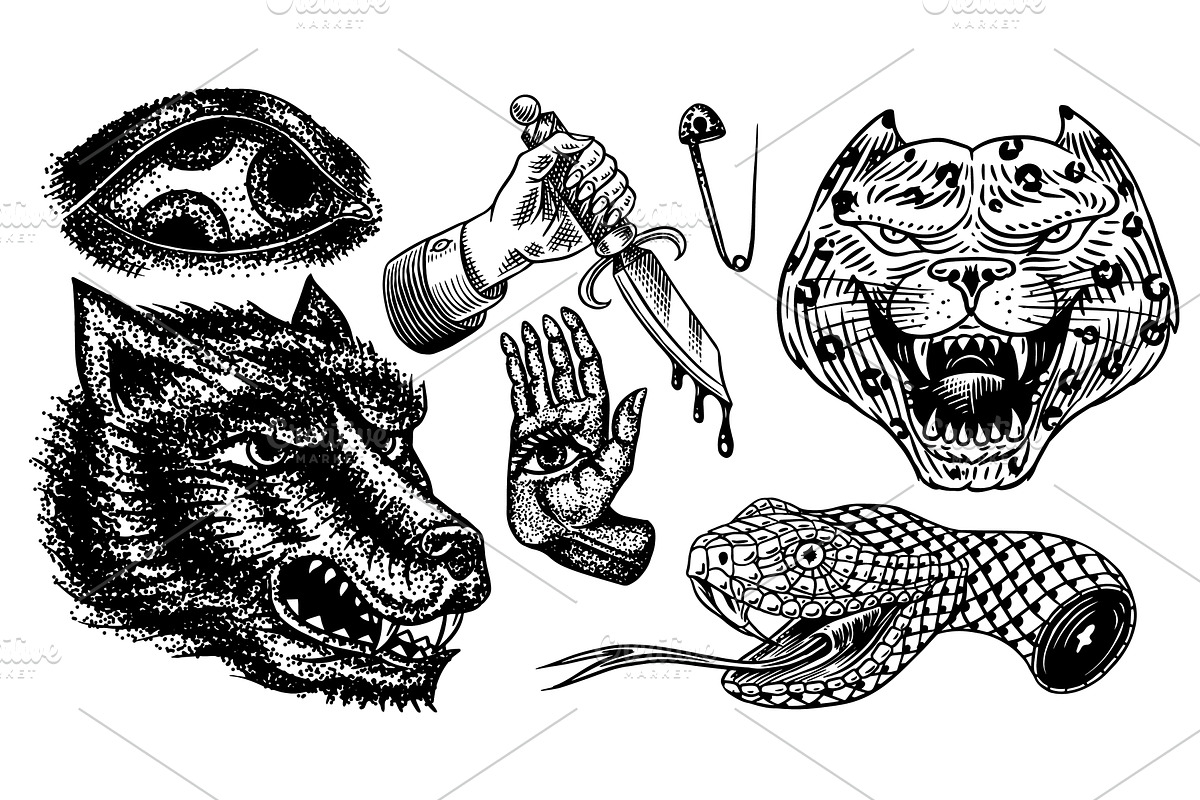 Set of Fashion patches. Tattoo, an Animal Illustration by Arthur Balitskiy