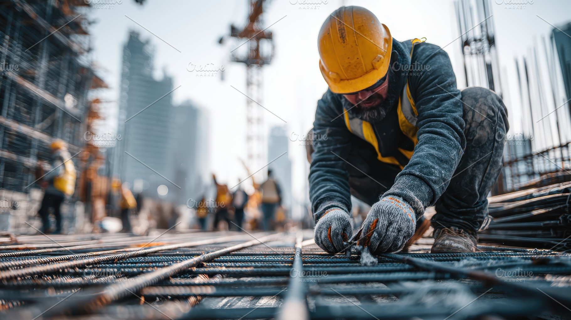 Construction Worker Binding Rebar at, a Photo by Pixeness Studio