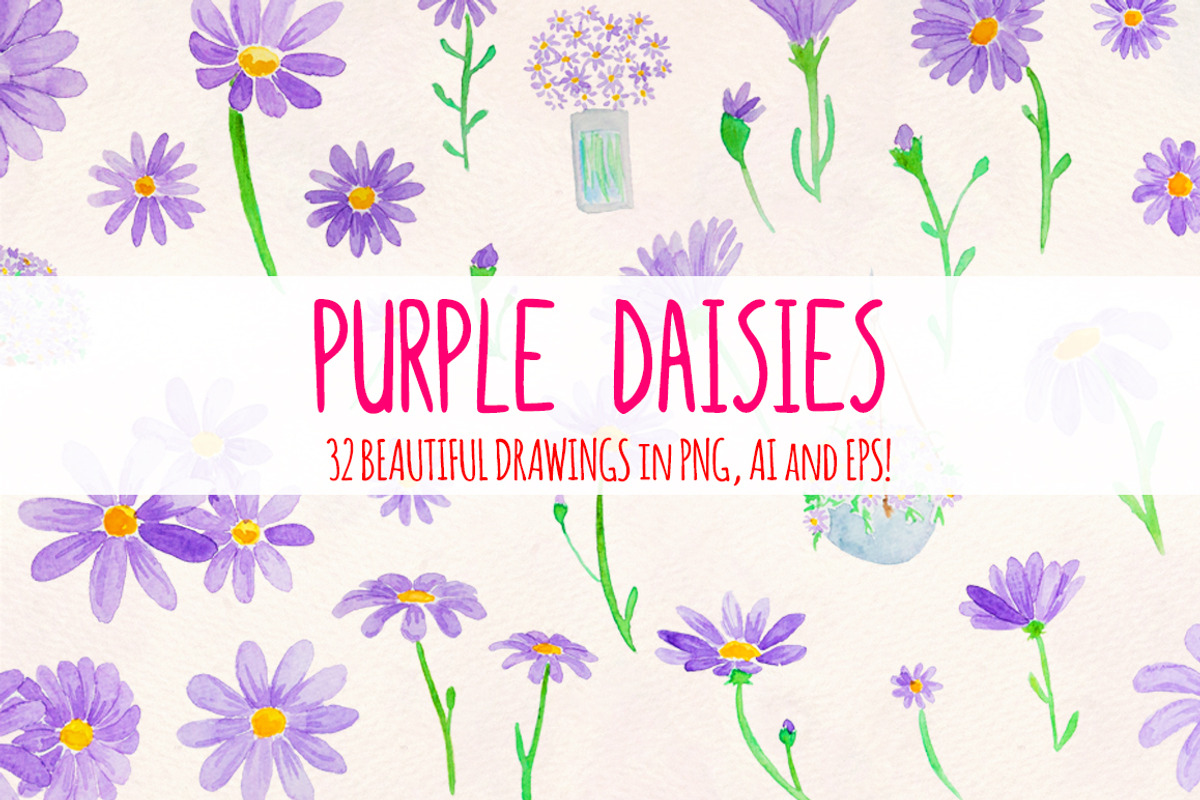 Purple Daisy Watercolor Bundle, a Seasonal Illustration by Violet LeBeaux (Photo 1 of 3)