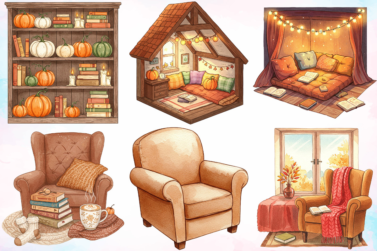 Watercolor Fall Reading Nook Clipart, an Illustration by Canvas Craft (Photo 2 of 4)