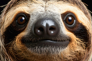 Smiling face of sloth captured in warm close portrait, an Animal Photo by GoodGoods
