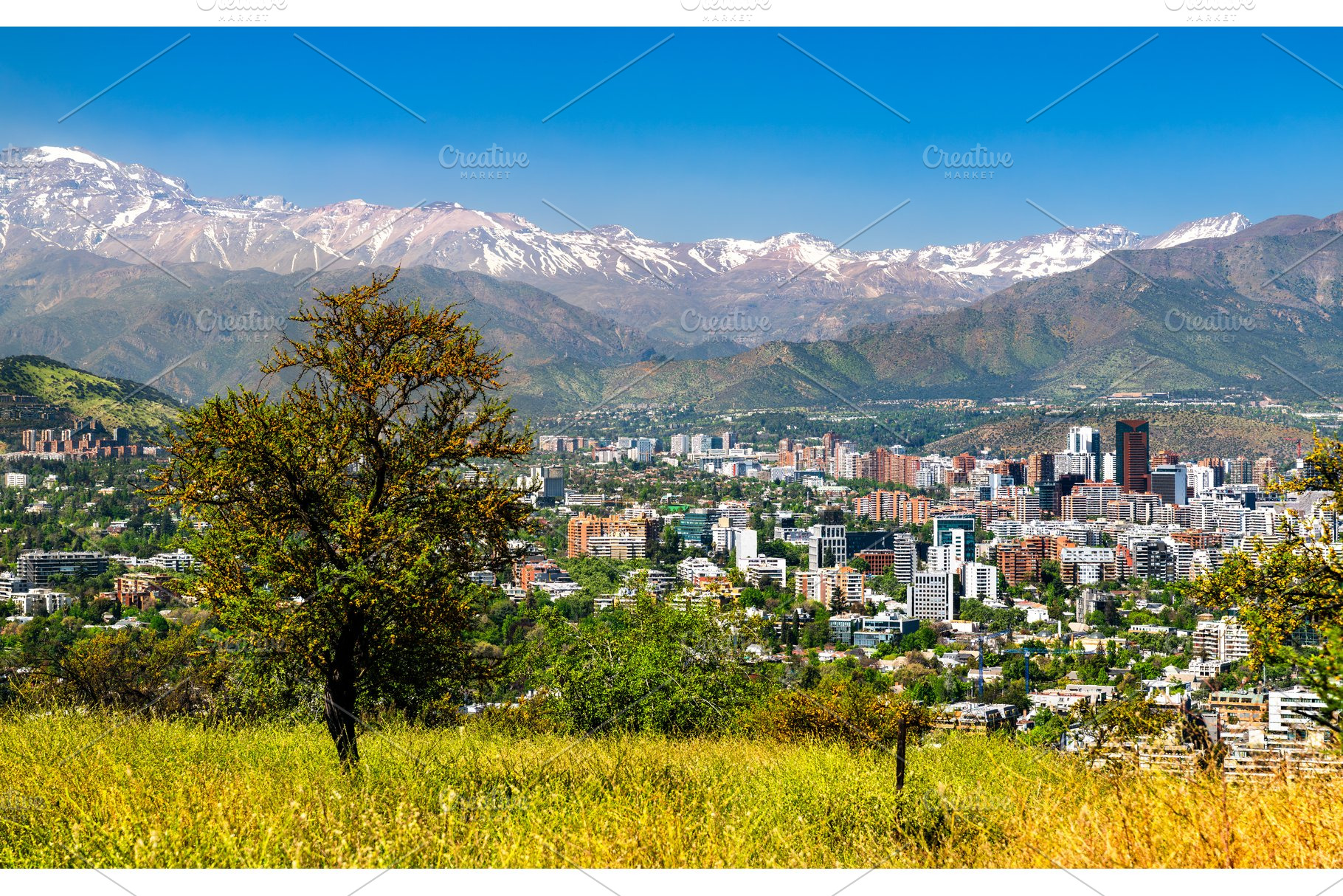 Panoramic view of Santiago skyline and Andes mountains in Chile, an Architecture Photo by Leonid Andronov