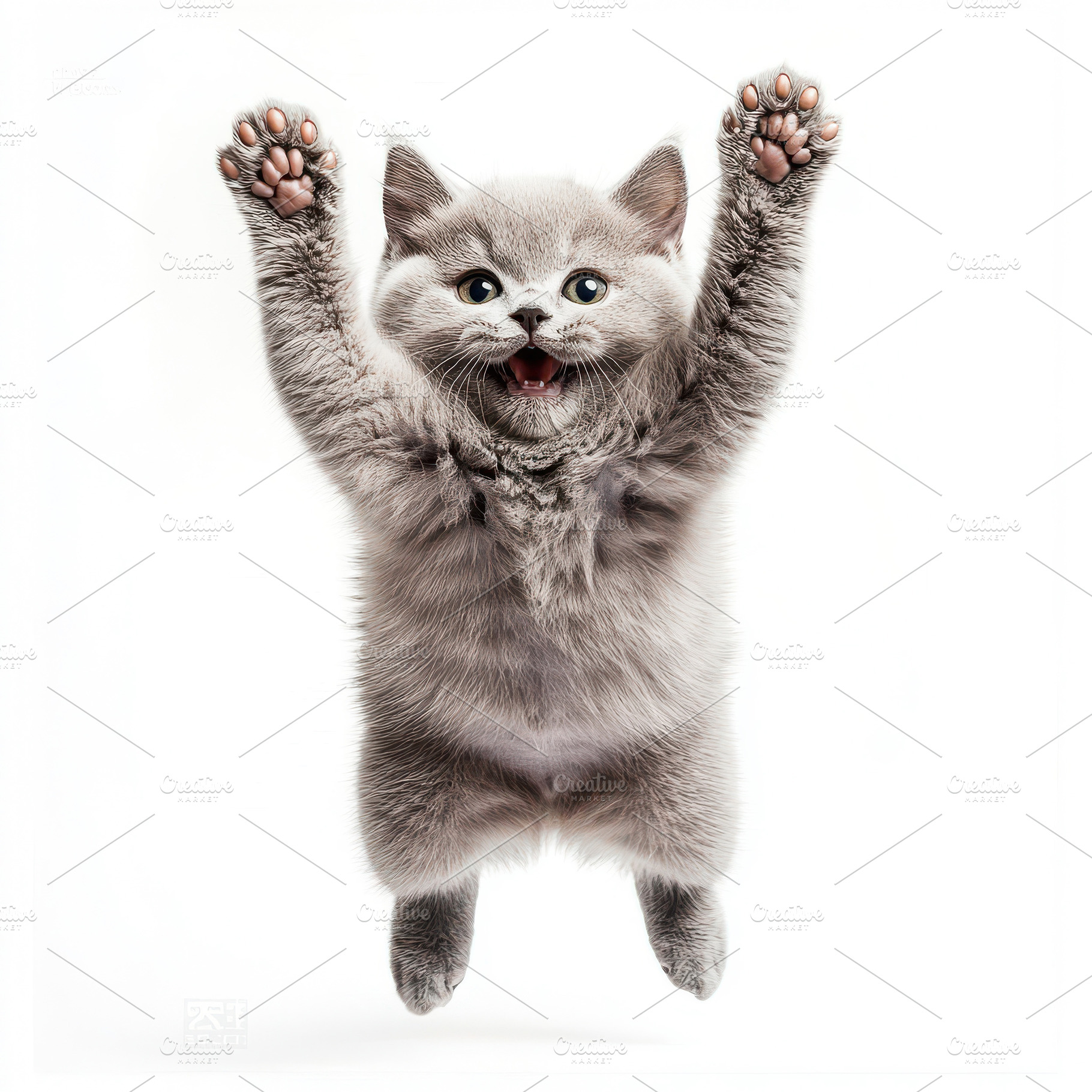 Playful Gray Kitten Jumps in Air Hap, an Animal Photo by Pixeness