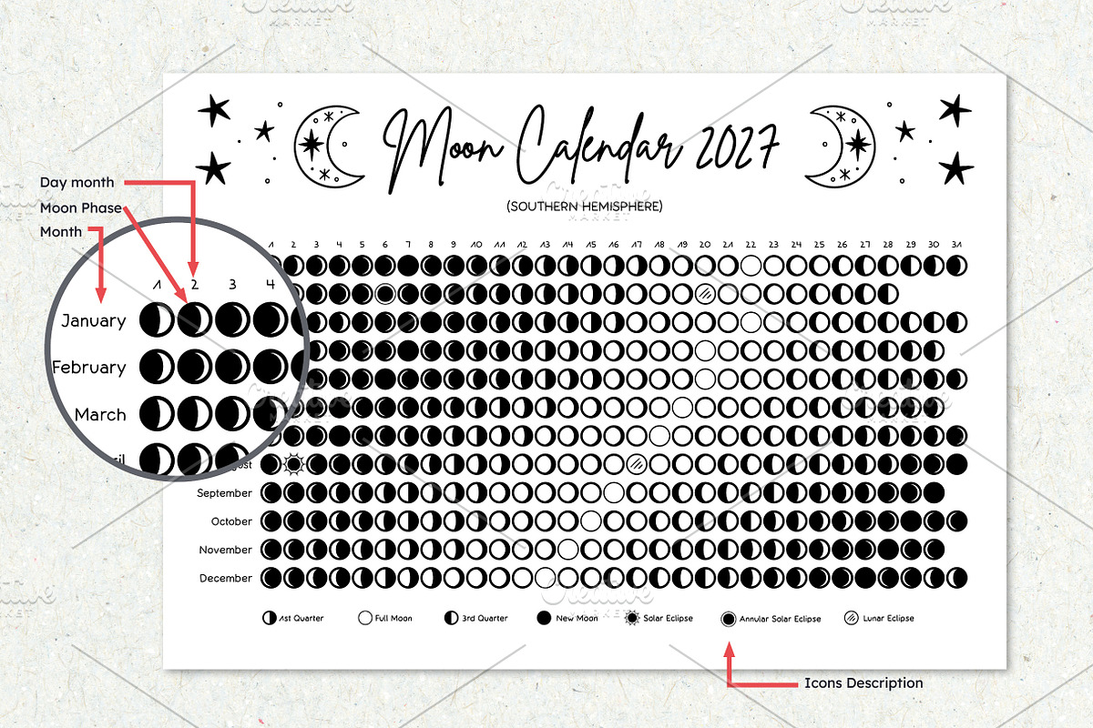 2027 Moon Calendar B&W Southern, a Poster Template by insemar (Photo 3 of 5)