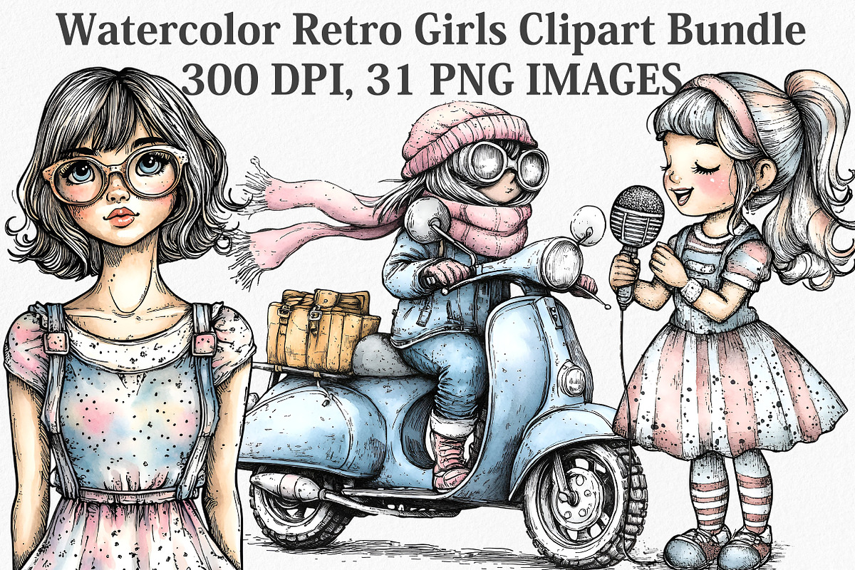 Watercolor Retro Girls Clipart, an Illustration by Canvas Craft (Photo 1 of 7)
