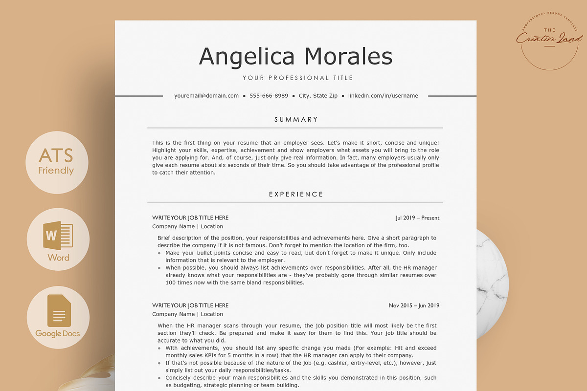 Modern ATS Resume/CV - The Morales, a Resume Template by CreativeLandStudio