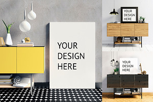 9 mock up poster frame in interior 
