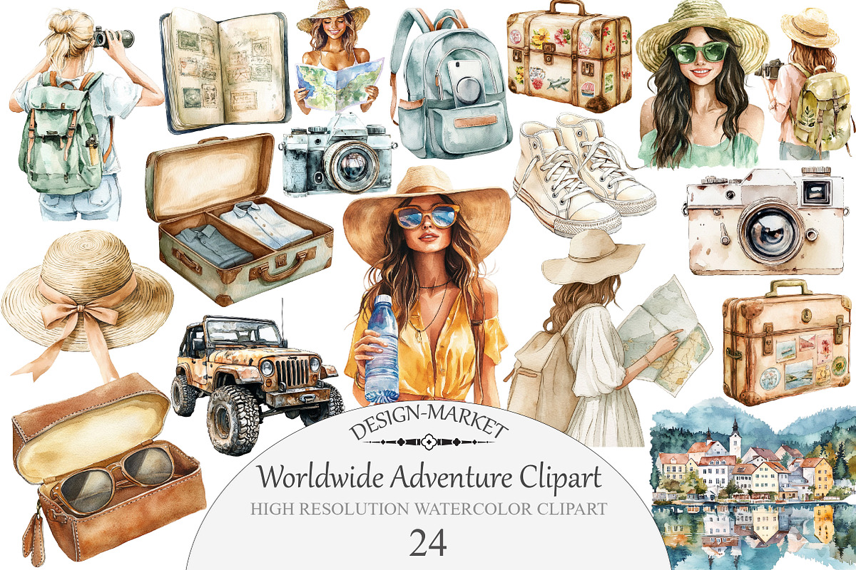 Watercolor Worldwide Adventure Clipa, an Illustration by Design Market (Photo 1 of 3)