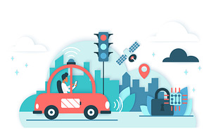 Self Driving Car with Cloud, a Technology Illustration by Lemberg Vector