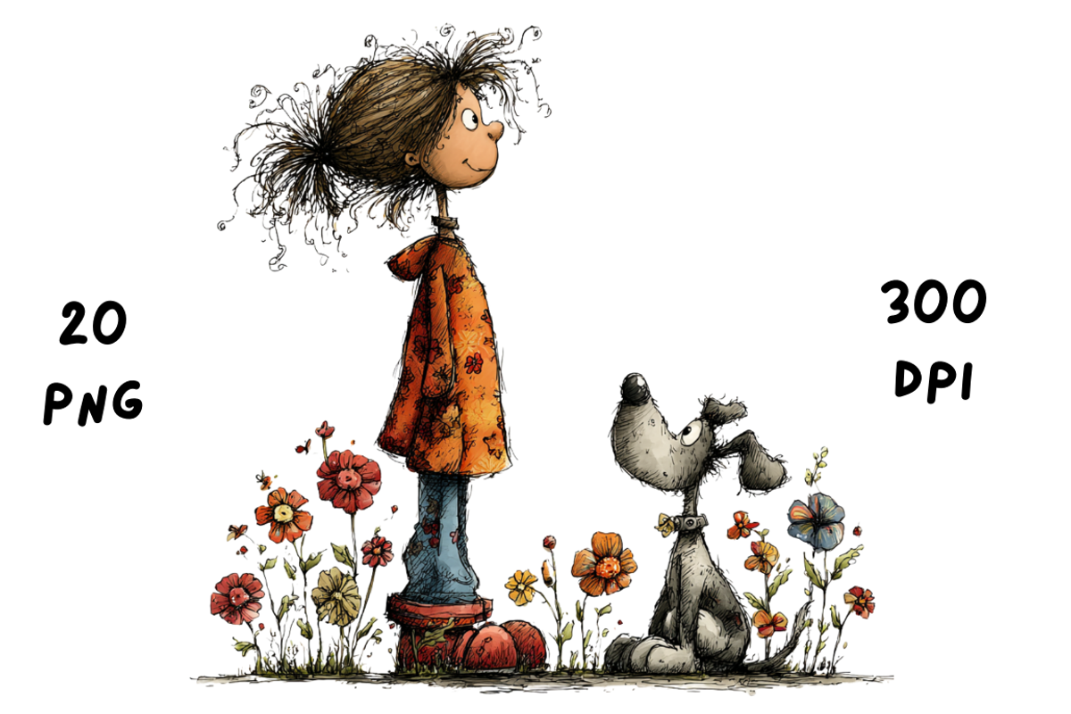 Whimsical Floral Girl and Puppy, an Animal Illustration by GiraffeCreative (Photo 9 of 20)
