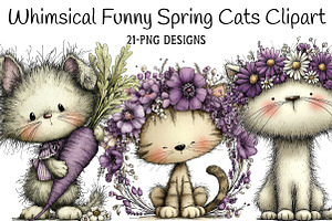 Whimsical Funny Spring Cats Clipart, an Illustration by Daily.Designs