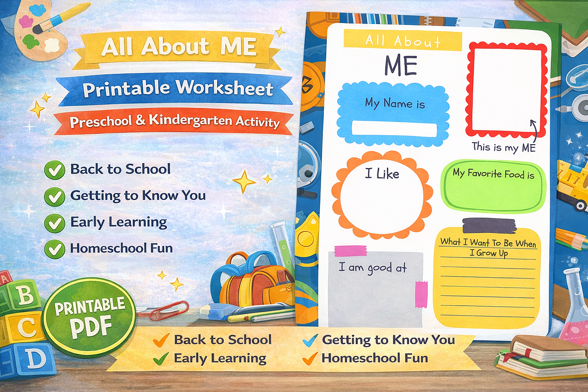 All About Me Printable Worksheet, an Education Illustration by MIRoots Design Studio (Photo 1 of 5)