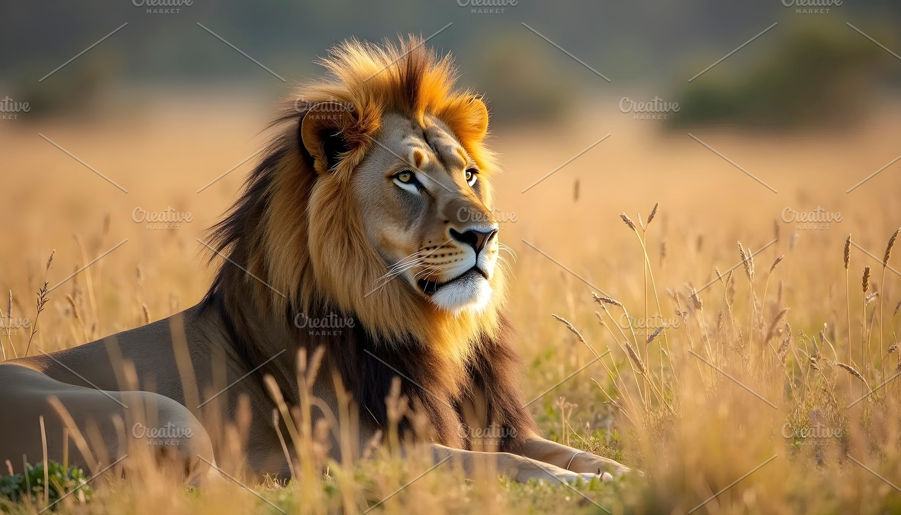 Majestic Lion Resting On Grass In Sa, a Photo by LOGOCREATIVE
