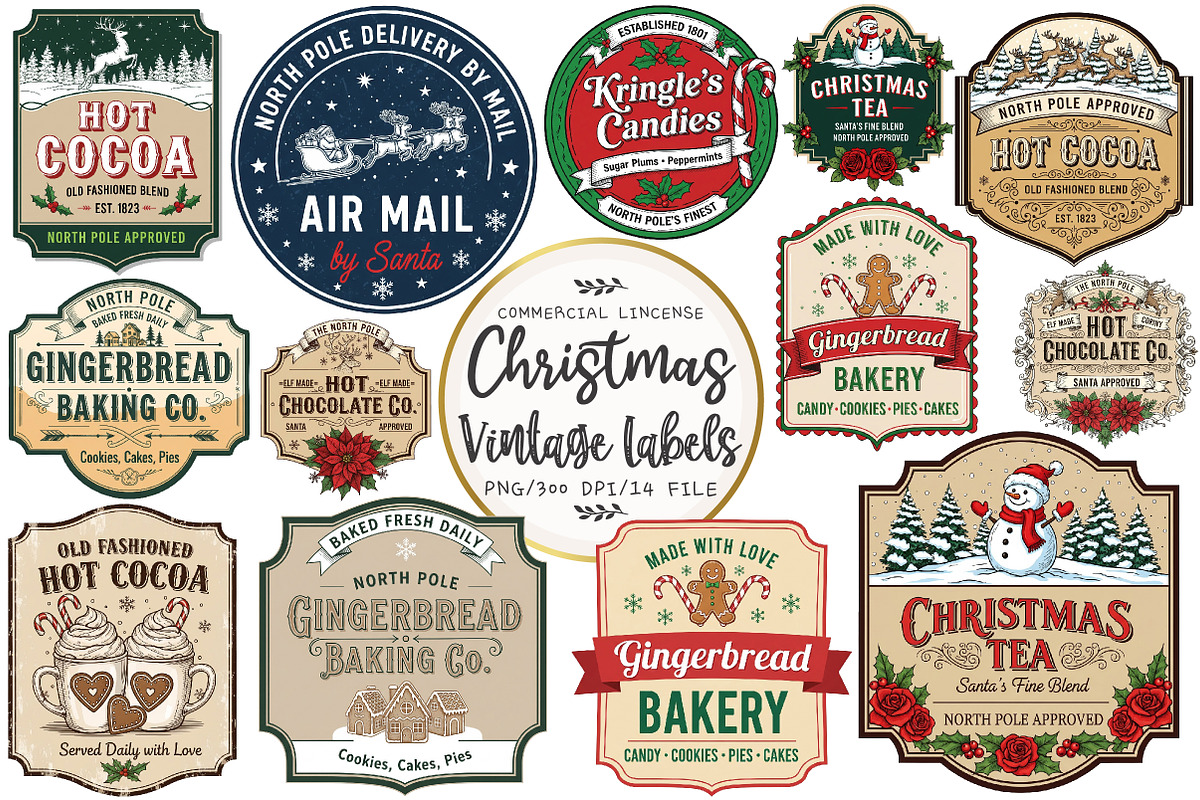 Vintage Christmas Labels Sublimation, an Illustration by OK Design (Photo 1 of 3)