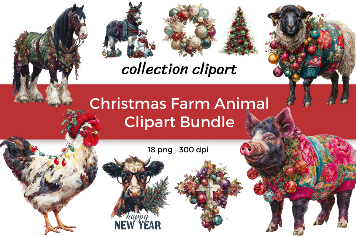 Christmas Farm Animal Clipart Bundle, an Animal Illustration by InkyQueenArt (Photo 1 of 5)