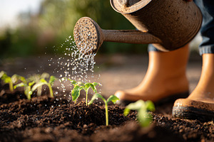 Watering young plants in a garden at sunset, a Nature Photo by AlyaAnd