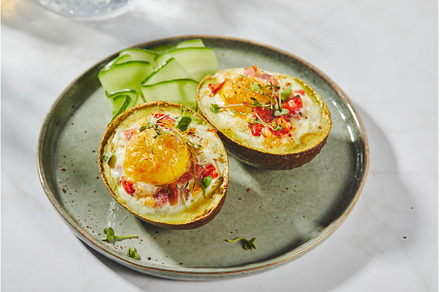 Avocado baked with egg, ham