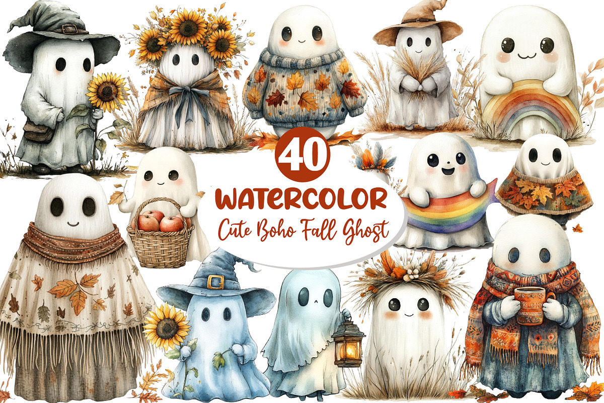 Cute Boho Fall Ghost Clipart, an Illustration by Dream Creation (Photo 1 of 7)