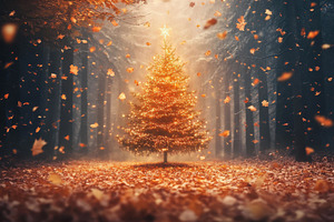 Enchanted autumn forest with a glowi, a Photo by Tanuart