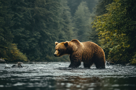 Majestic brown bear wading through a, an Animal Photo by Pixeness