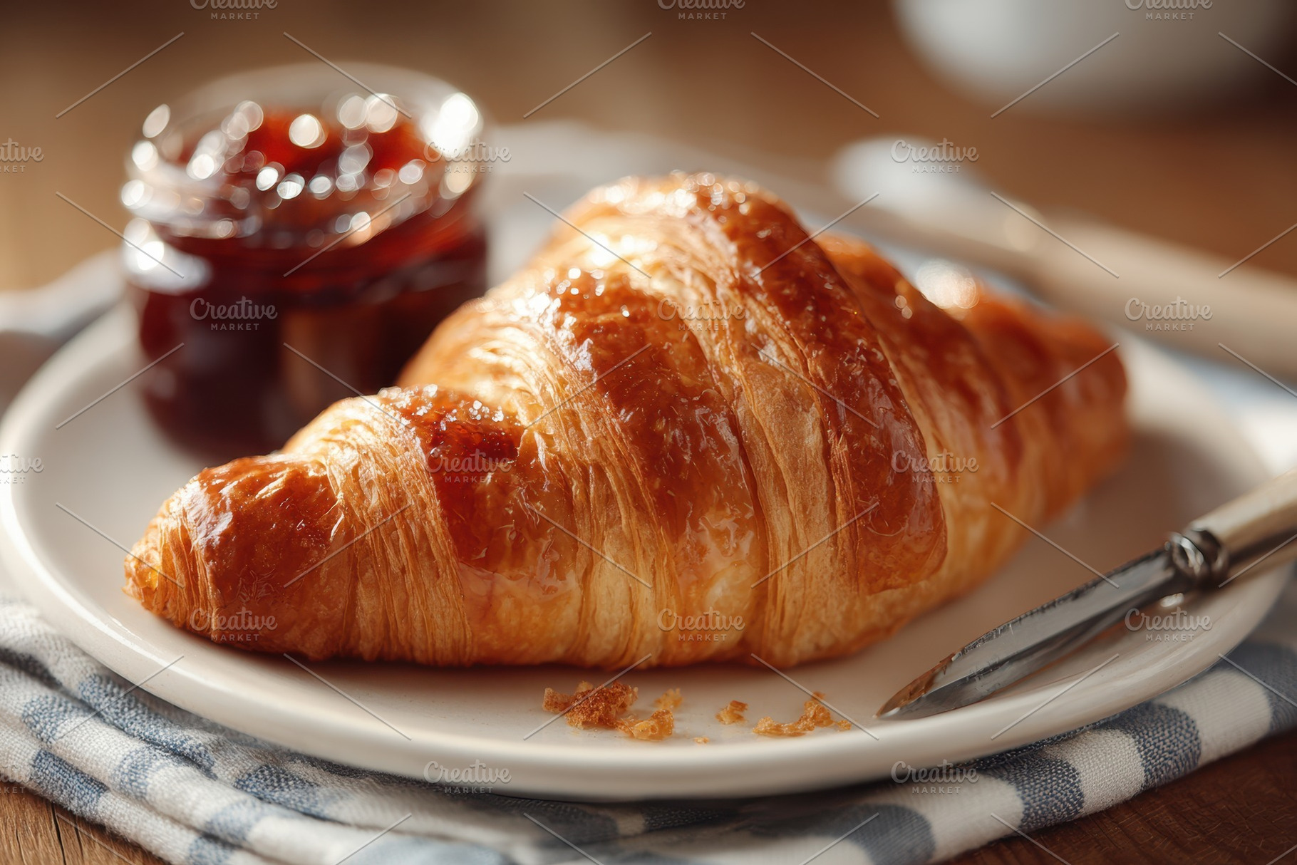 Freshly baked croissant with jam on a plate, a Food & Drink Photo by AlyaAnd