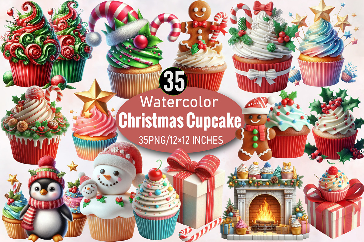 Watercolor Christmas Cupcake Clipart, an Illustration by SVGArt (Photo 1 of 8)