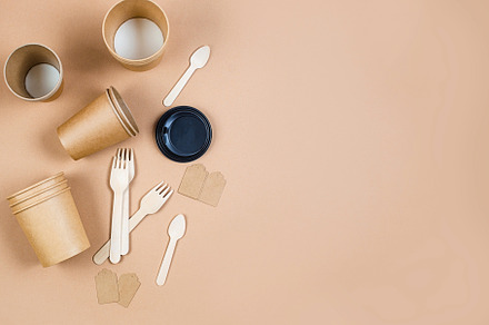 Top view on different eco-friendly disposable kraft  paper table, a Food & Drink Photo by vimart