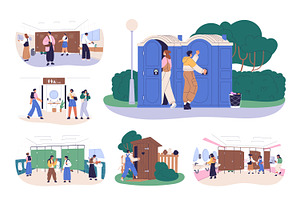 People using public toilets, WC set, a Person Illustration by Good Studio