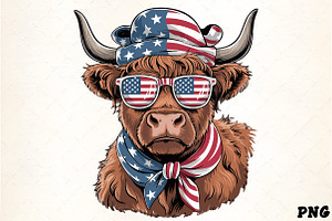 Patriotic highland cow american flag, an Illustration by CrexoraLab