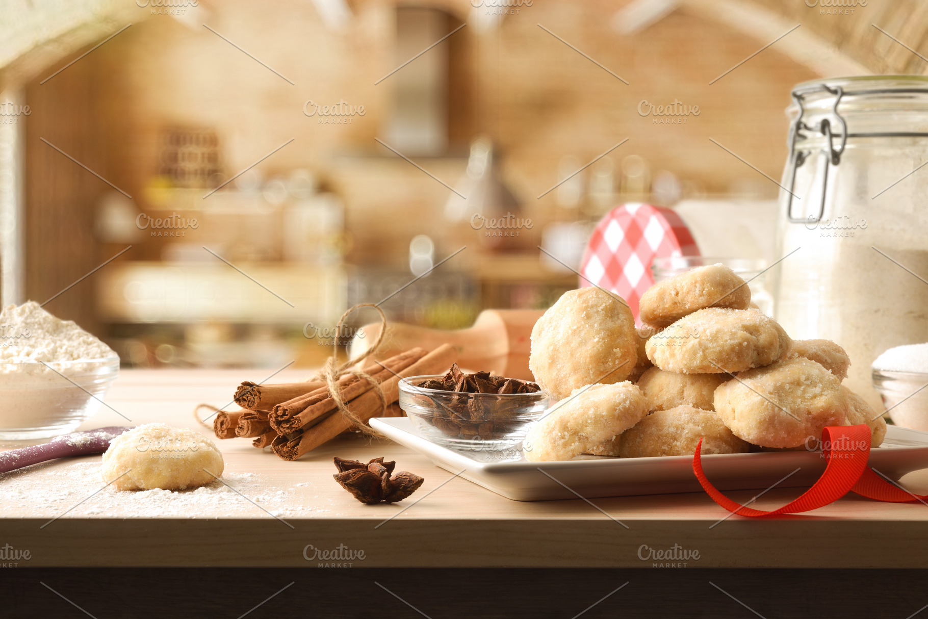 Freshly made cookies on wooden kitchen bench with ingredients, a Food & Drink Photo by Davizro's Market
