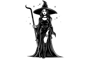 Witch Black And White Linocut