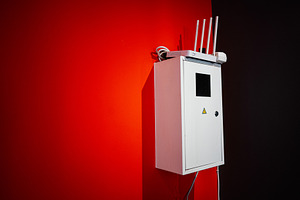 White equipment cabinet against a red and black wall in a modern setting, a Photo by AS photostudio