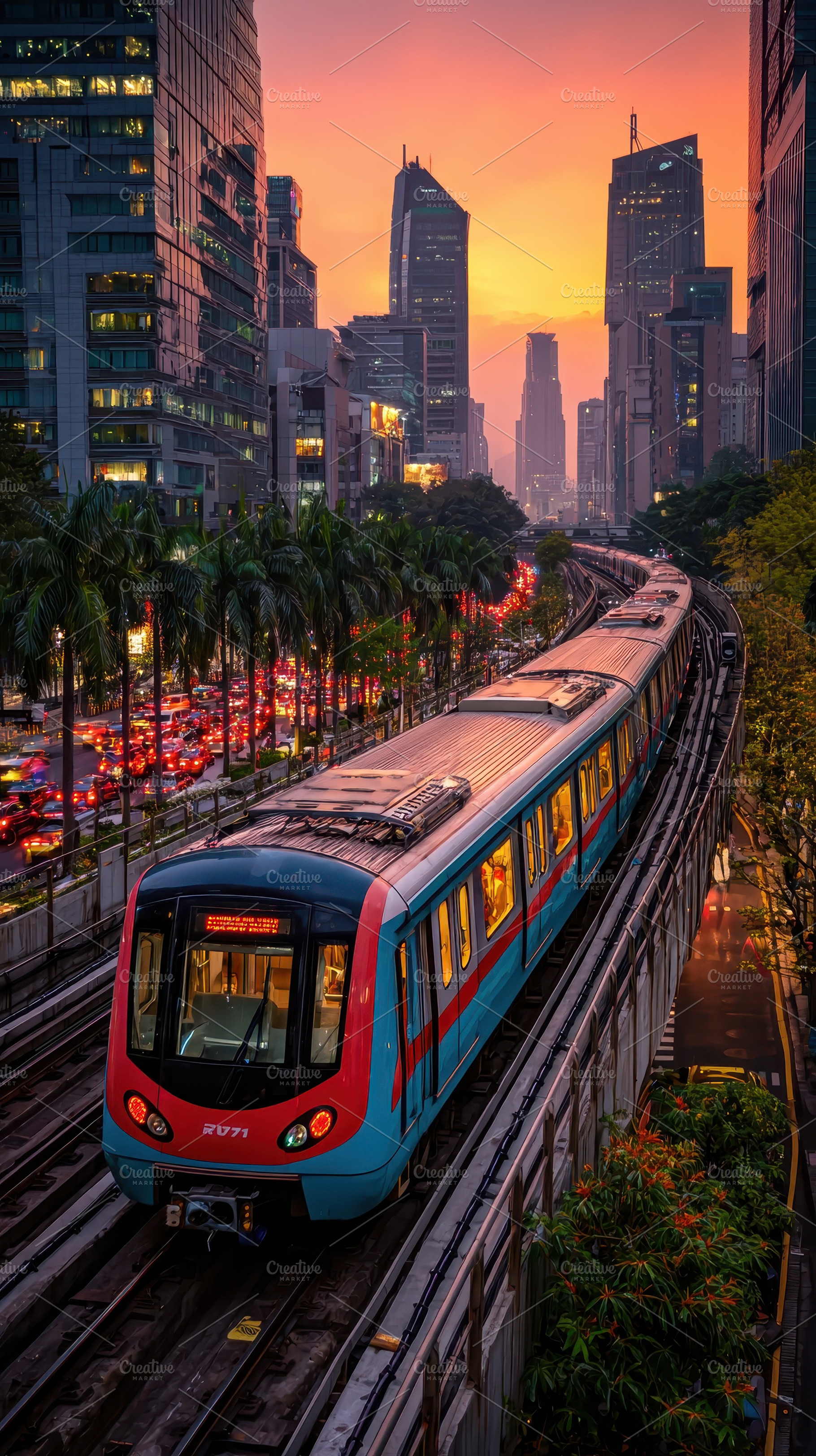 Skytrain at Sunset City Traffic Rush, a Photo by Pixeness Studio