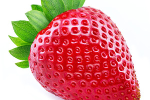 One ripe strawberry isolated on white background., a Food & Drink Photo by Volff