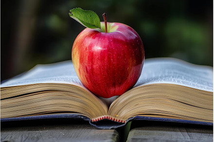 Red apple resting on open book, a School & Education Photo by Ylivdesign