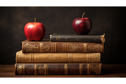 vintage stack of books with apple ai, a School & Education Photo by pikepicture