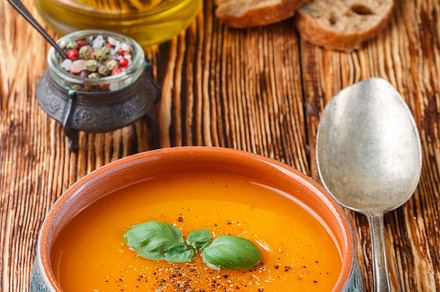 Carrot soup containing basil, autumn, and background, a Food & Drink Photo by La_Vanda