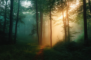 Warm sunlight dapples the forest, a Photo by Pavel_design