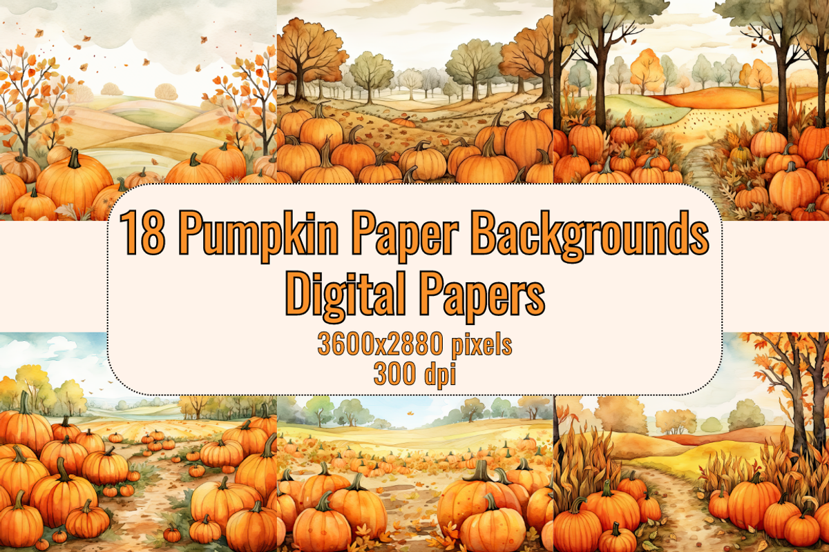 18 Watercolor Pumpkin Landscapes, a Seasonal Illustration by Dreamy Little Graphics (Photo 1 of 5)